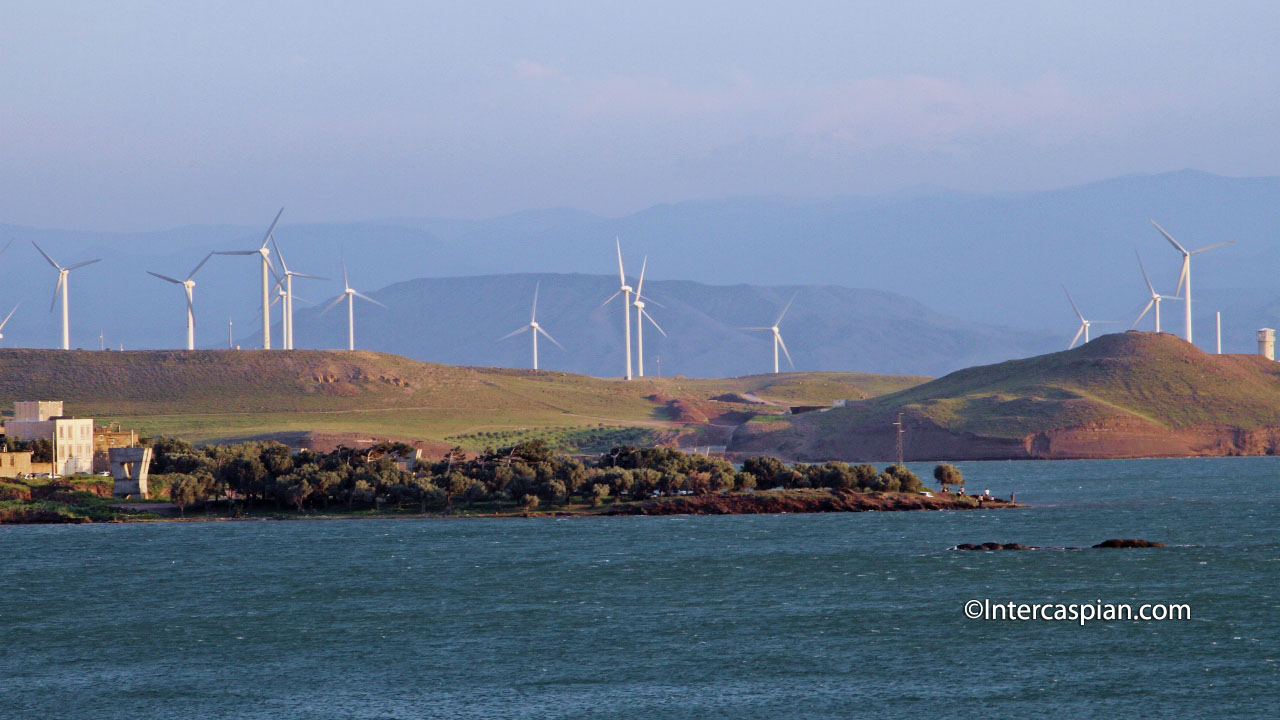 A wind farm on the Sefid Rude lakeside