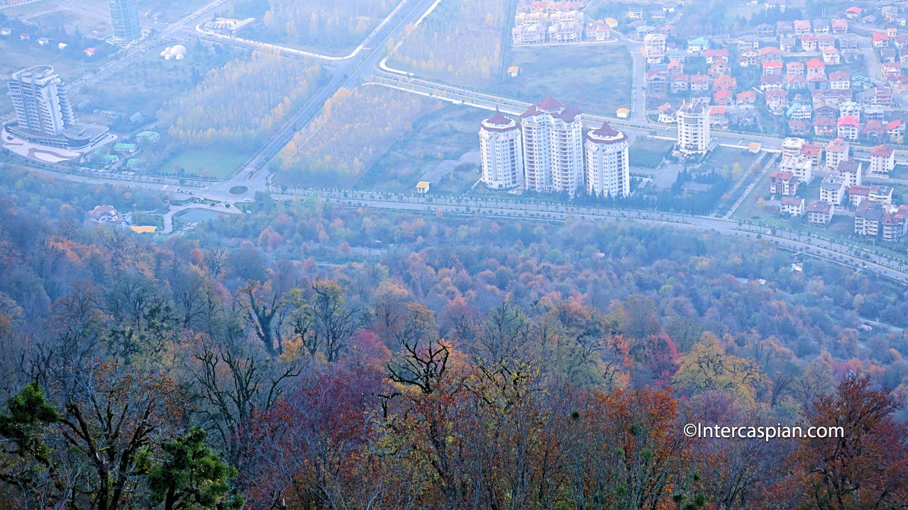 View of Namak Abrud resort village from mountain